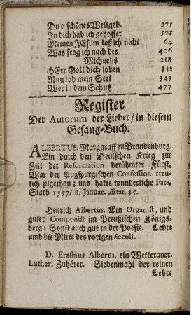 Register Der Autorum der Lieder/ in diesem Gesang-Buch.