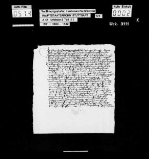 Hans Fritz zu Pleidelsheim wegen einiger Vergehen beim Bauernaufruhr zu Verlassen des Amts Marbach verurteilt, jedoch auf Fürbitten des Junkers Jakob von Bernhausen gegen eine Geldstrafe von 4 fl begnadigt, schwört U. und verspricht, fortan keine Wehr außer einem abgebrochenen Brotmesser zu tragen, offene Zechen zu meiden und an keinem Aufruhr mehr teilzunehmen.