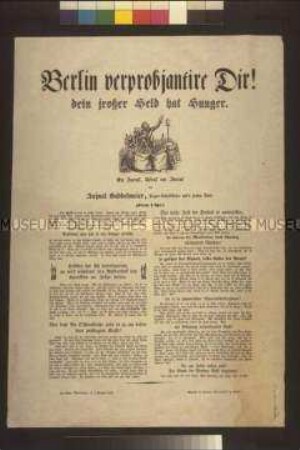 Satirisches Flugblatt: Berlin verprobjantire Dir! (Aujust Buddelmeyer); undatiert