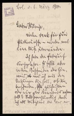 Brief von Carl Schönebeck an Wilhelm Schwaner