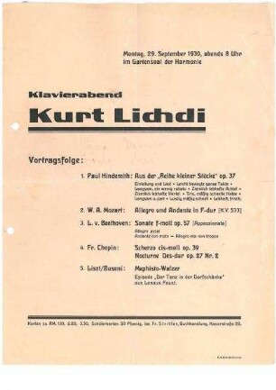 Werbeflugblatt bzw. Programmzettel für einen Klavierabend mit Kurt Lichdi im Gartensaal der Harmonie