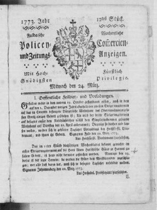 12 tes Stück, Ausgabe vom 24. März 1773