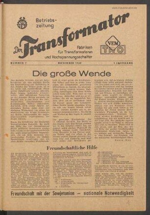 TRO-Betriebszeitung 'Der Transformator'; Nr. 7/1949 (November 1949)
