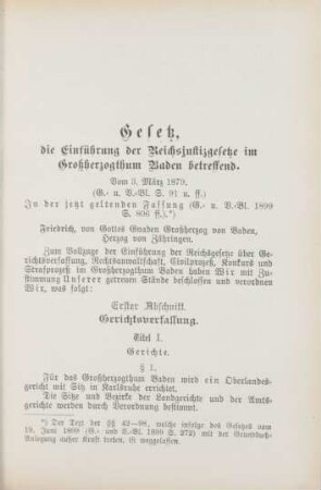 Gesetz, die Einführung der Reichsjustizgesetze im Großherzogthum Baden betreffend. Vom 3. März 1879