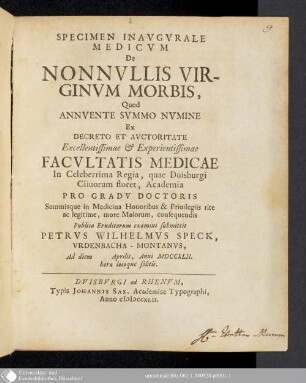 Specimen Inavgvrale Medicvm De Nonnvllis Virginvm Morbis