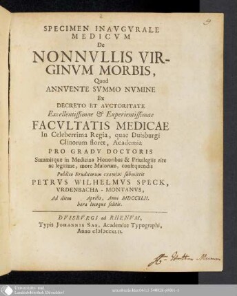 Specimen Inavgvrale Medicvm De Nonnvllis Virginvm Morbis