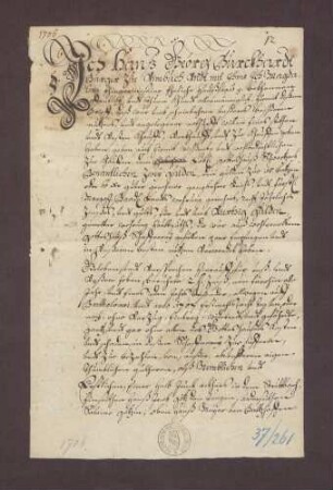 Schuldverschreibung von Hans Jörg Burkart von Vimbuch gegen das Kloster Schwarzach