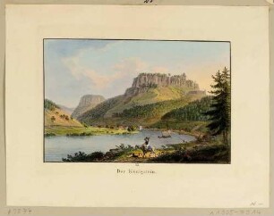Der Königstein in der Sächsischen Schweiz vom Elbufer nach Südosten, im Hintergrund der Pfaffenstein, aus Richters "70 Mahlerischen An- und Aussichten ..."