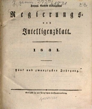 Herzogl.-Sachsen-Coburgisches Regierungs- und Intelligenzblatt. 1831