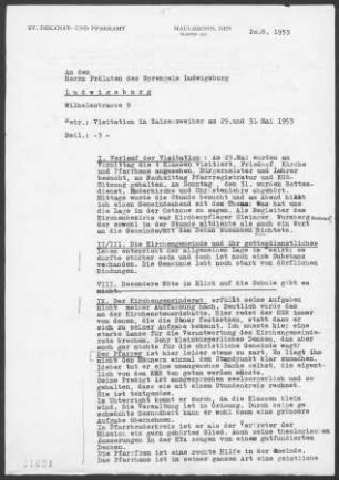 Zaisersweiher mit Burrainhof und Mettenbacher Mühle (beide zu Diefenbach): Visitationsbericht mit Pfarrbericht 1953
