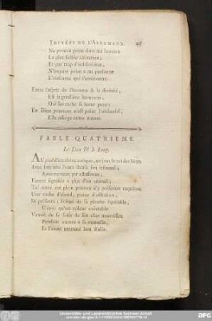 Fable Quatrieme. Le Lion & le Loup.