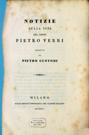 Notizie sulla vita del conte Pietro Verri : (Mit Harris Portrate.)