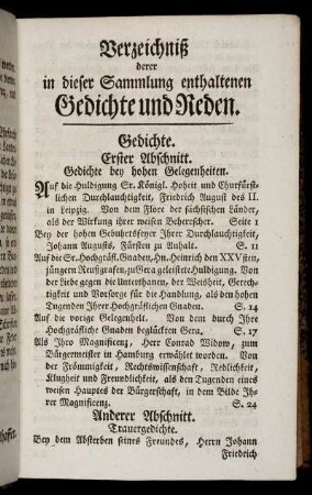 Verzeichniß derer in dieser Sammlung enthaltenen Gedichte und Reden.