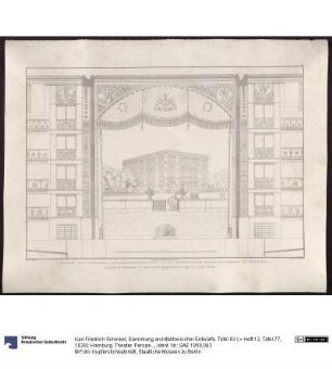 Sammlung architektonischer Entwürfe. Tafel 83 ( = Heft 12, Tafel 77, 1828): Hamburg. Theater. Perspektivische Ansicht mit Proszenium, Logen und Vorhang