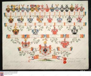 Ahnenprobe des Wilhelm v. Sickingen Hohenburg. - ausgefertigt 1802 August 28, Pergament, Zeichner Georg Callenbach