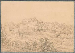 Das Schloss in Dahlen in Sachsen von der Gartenseite mit Rampen- und Treppenanlage