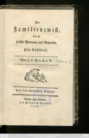 Der Familienzwist, durch falsche Warnung und Argwohn : Ein Lustspiel