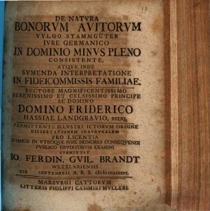De natvra bonorvm avitorvm vvlgo Stammgüter ivre Germanico in dominio minvs pleno consistente, atqve inde svmenda interpretatione in fideicommissis familiae