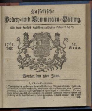 23. Stueck, Montag den 8ten Junii 1761
