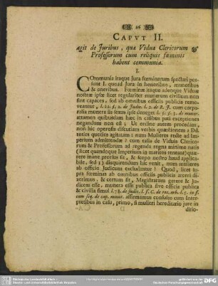 Caput II. agit de Iuribus, quae Viduae Clericorum & Professorum cum reliquis foeminis habent communia