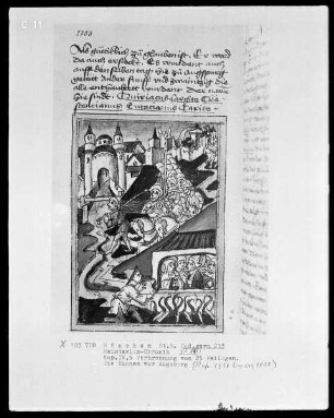 Weltchronik des Jansen Enikel — Verbrennung von 25 Heiligen. Die Hunnen vor Augsburg, Folio 141verso