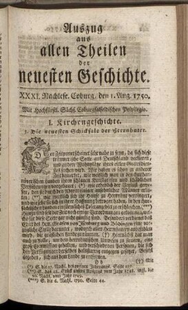XXXI. Nachlese. Coburg, den 1. Aug. 1750.