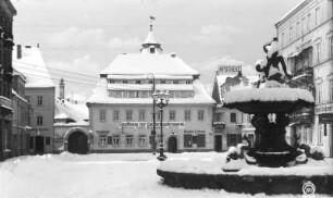 Marktbrunnen : Bad Schandau. Marktplatz mit Marktbrunnen (um 1900) und Altem Brauhof (Nr. 12: Gasthaus zur Gambrinusbrauerei, 1680)