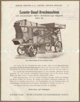 Landwirtschaftliche Maschinen der Ruston Proctor und Cie. in England
