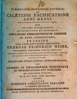 Dissertatio Inavgvralis Historica De Caletensi Pacificatione Anni MDXXI.