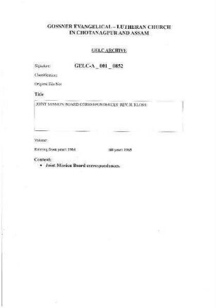 JOINT MISSION BOARD CORRESPONDENCE REV. H. KLOSS