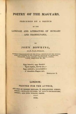 Poetry of the Magyars : preceded by a sketch of the language and literature of Hungary and Transylvania
