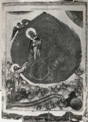 Ikone "Feurige Himmelfahrt des Elias" (Unbekannter Meister; 77 x 58 cm; Heimatmuseum des Pskow-Gebietes Pskow)
