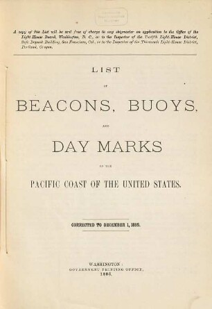 List of beacons, bouys, and day marks on the Pacific Coast of the United States. 1895