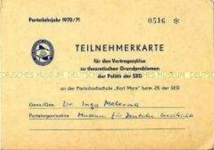 Teilnehmerkarte für das Parteilehrjahr 1970/71