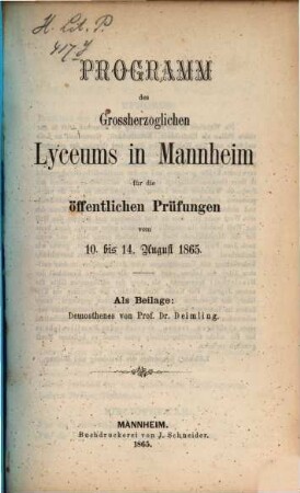 Programm des Grossherzoglichen Lyceums zu Mannheim. 1865