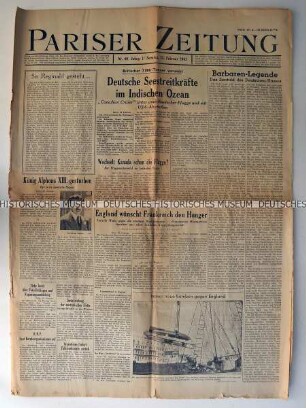 Tageszeitung "Pariser Zeitung" mit Titel zur Versenkung eines britischen Handelsdampfers im Indischen Ozean durch U-Boote der Wehrmacht