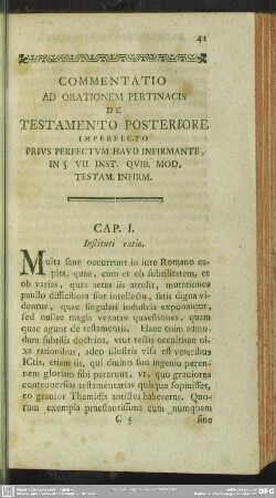 Commentatio Ad orationem Pertinacis De Testamento Posteriore Imperfecto Prius Perfectem Haud Infirmante, In §. VII. Inst. Quib. Mod. Testam. Infirm.