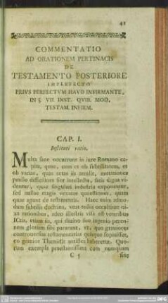 Commentatio Ad orationem Pertinacis De Testamento Posteriore Imperfecto Prius Perfectem Haud Infirmante, In §. VII. Inst. Quib. Mod. Testam. Infirm.