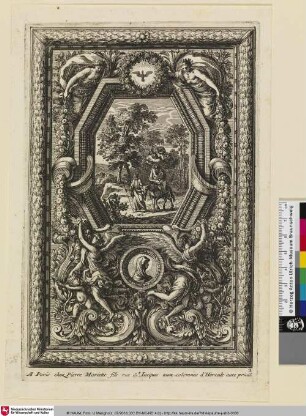 [Ornamentale Dekoration mit einer Flucht nach Ägypten in einem Achteck; Panneau au milieu duquel on voit, dans un octogone, une Fuite en Égypte]