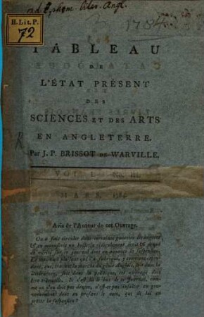 Tableau De L'État Présent Des Sciences Et Des Arts En Angleterre, 1,3. Mars 1784