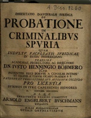 Dissertatio Inavgvralis Ivridica De Probatione In Criminalibvs Spvria