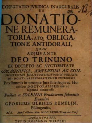 Disputatio Jvridica Inauguralis De Donatione Remuneratoria, Atq[ue] Obligatione Antidorali