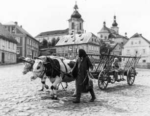 Politz (Horni Police/Tschechische Republik). Marktplatz mit Wallfahrtskirche Mariä Heimsuchung im Hintergrund