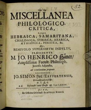 Miscellanea Philologico-Critica, Eaque Hebraica, Samaritana, Chaldaica, Syriaca, Arabica, Aethiopica, Persica, &c.