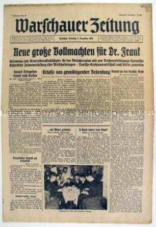 Deutsche Tageszeitung für das Generalgouvernement "Warschauer Zeitung" u.a. zu neuen Vollmachten des Generalgouverneuers