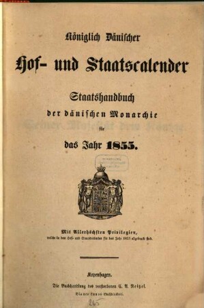 Königlich-dänischer Hof- und Staatskalender : nebst einem genealogischen Verzeichnisse. 1855