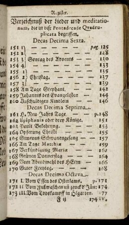 Verzeichnuß der Lieder und meditationum, die in diser Pentadecade Quadruplicata begriffen.