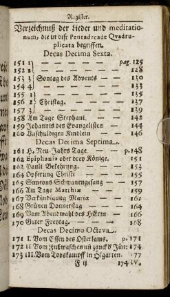 Verzeichnuß der Lieder und meditationum, die in diser Pentadecade Quadruplicata begriffen.