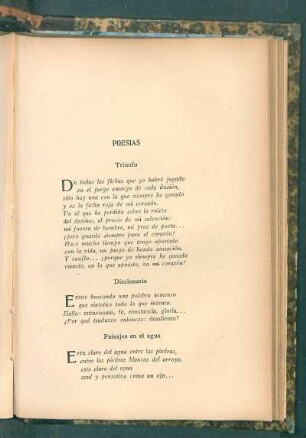 Poesías : Triunfo [y] Diccionario [y] Paisajes en el agua [y] Naranjas [y] La flecha