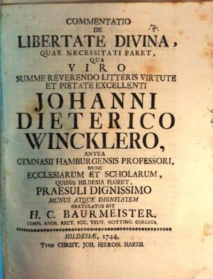 Commentatio de libertate divina, quae necessitati paret